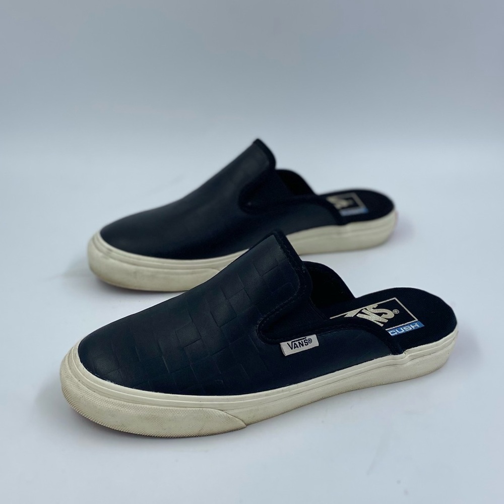 Vans black leather slip on slippers sneakers womens size 5.5